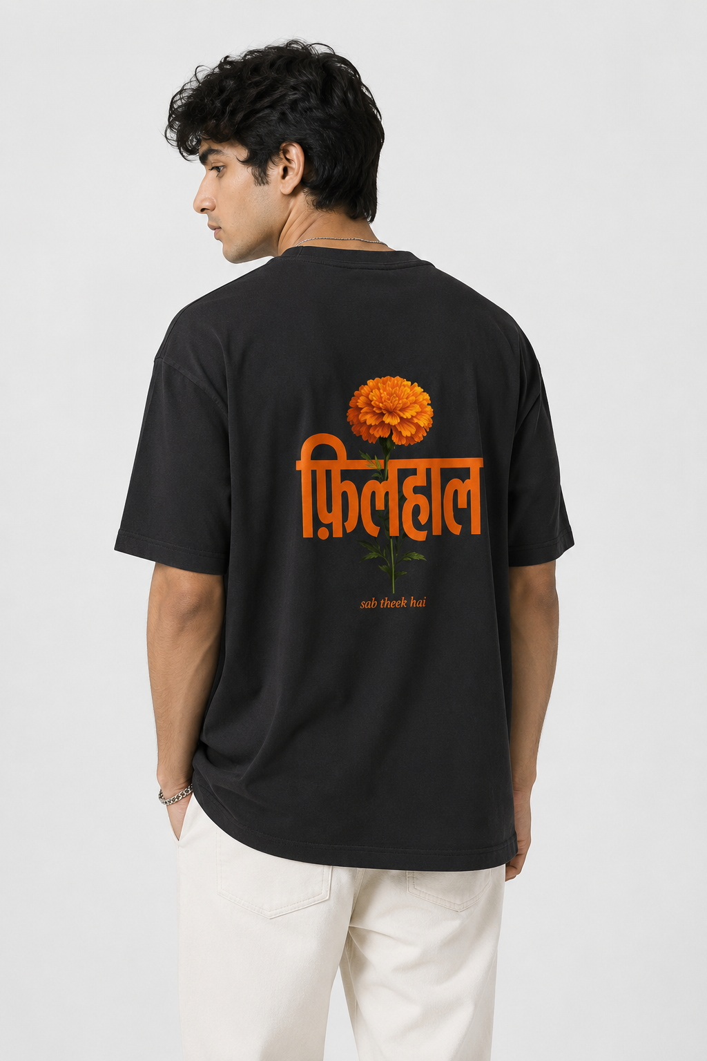 Filhaal_oversized_T-Shirt_black_model_back_print