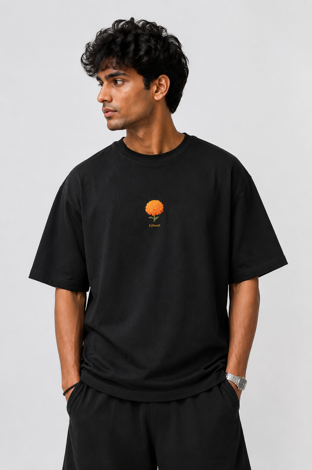 Filhaal_oversized_T-Shirt_black_model_front_print