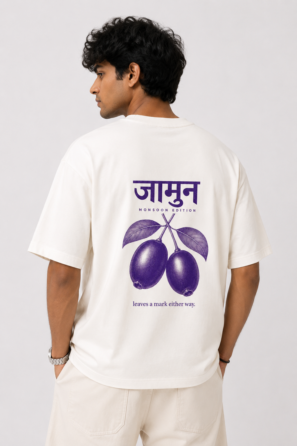 Jamun_oversized_T-Shirt_off_white_back_print_model